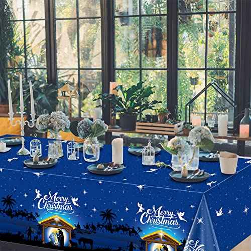 3 Pcs Holy Nativity Christmas Tablecloth, Blue Merry Christmas Religious Plastic Table Cover Holy Night Nativity Tablecloth for Merry Christmas Jesus Nativity Religious Party Decorations, 54x108 Inch