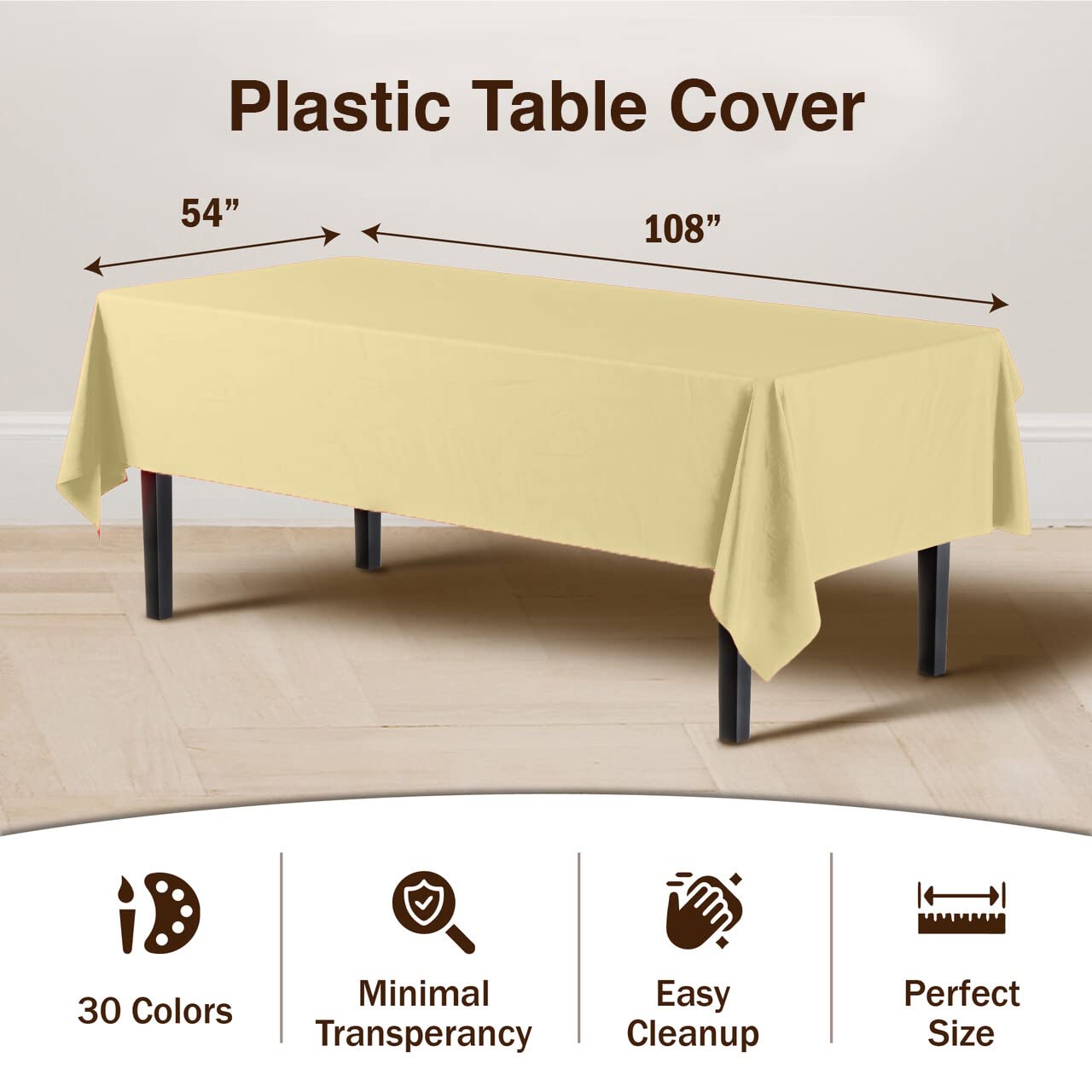 Party Solids Pack Of 6 Premium Plastic Tablecloth 54 Inch x 108 Inch Rectangle Plastic Table Cover - Light Yellow
