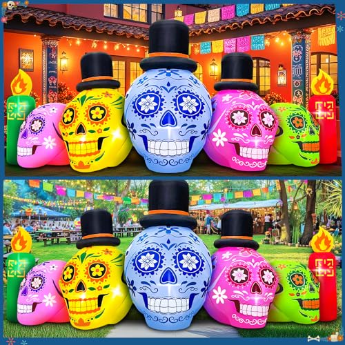 7FT Halloween Inflatable Skull Decoration with LEDs - Dia de Los Muertos Yard Decor