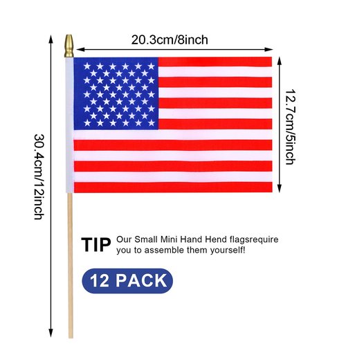 HSQCEZ 12Pcs Small American USA Flags on Wooden Stick Mini United States Flag Hand Held Flag Decorations,5x8 Inch