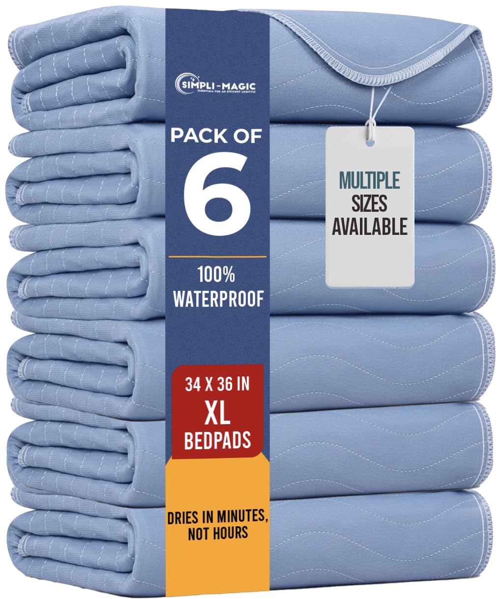 Simpli-Magic Washable Underpads - Heavy Absorbency Reusable Bedwetting Pads | 34"x36" (Pack of 6)