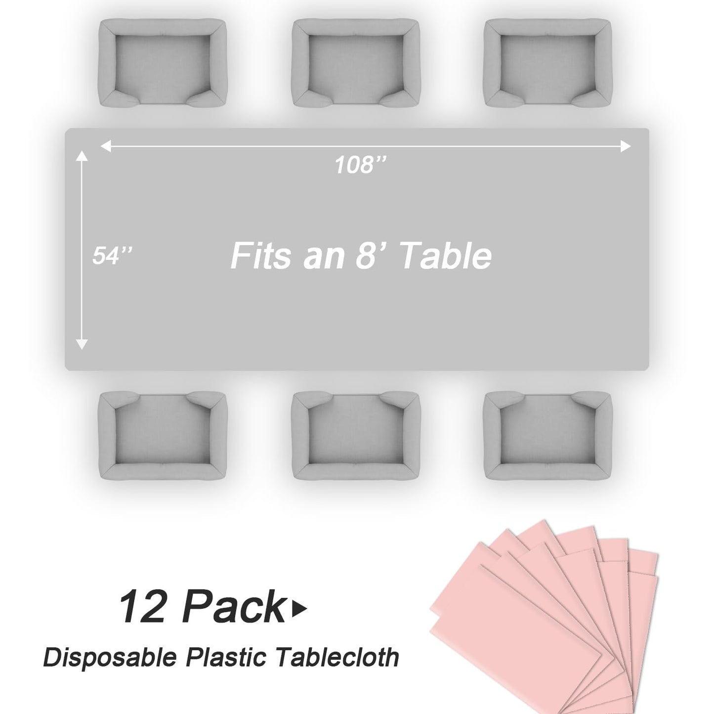 QIKSION Blush Pink Plastic Table Cloth Disposable 12 Pack, 54 x 108 Inch Tablecloths for Valentines, Easter, Mothers Day Decorations, Baby Shower Birthday Party, Rectangle Table Cover