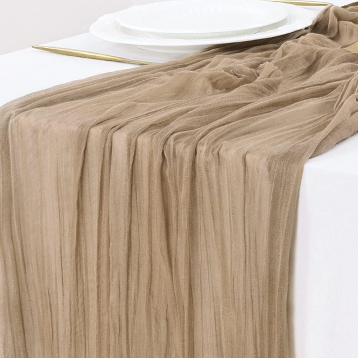 Socomi Cheesecloth Table Runner - 120 Inch Nude Brown Boho Rustic Decor for Weddings & Events