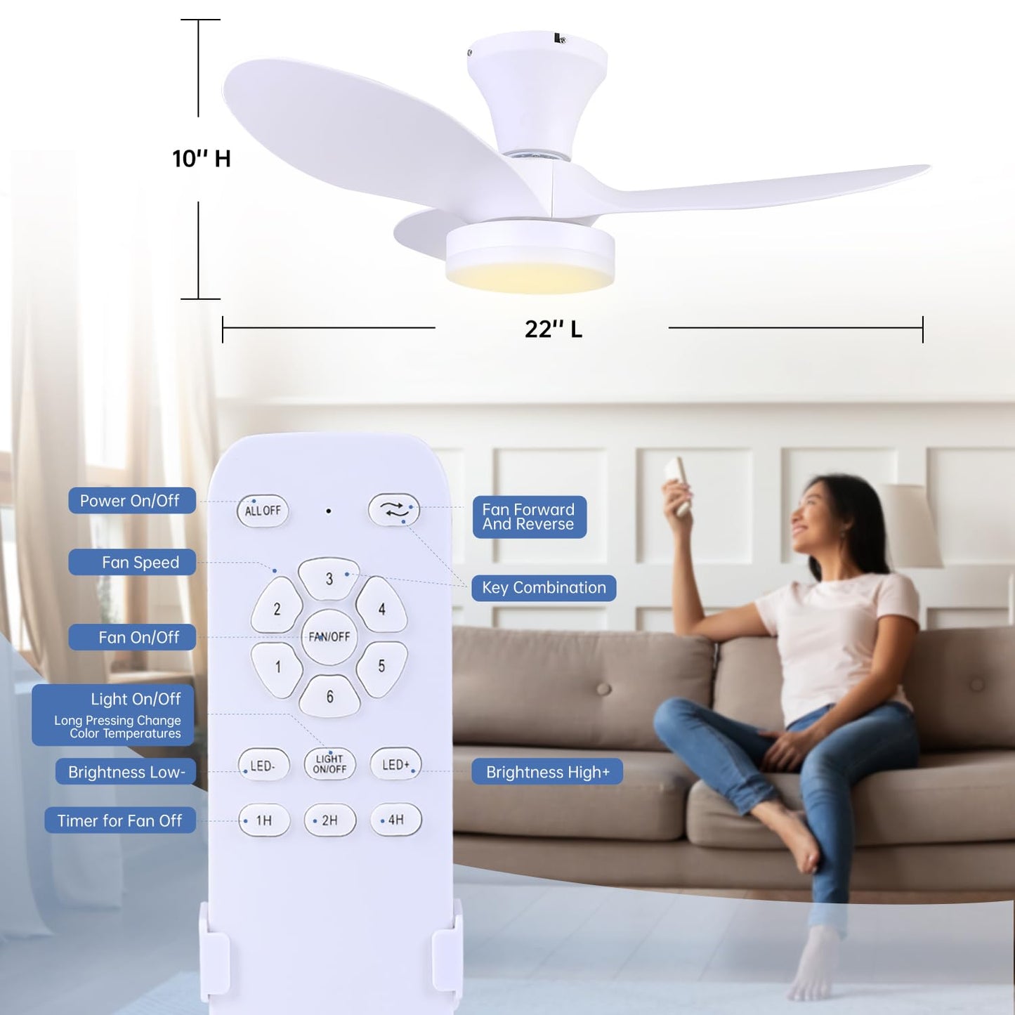 Ruhaieba Quiet Ceiling Fan with LED Light DC Motor 30 inch Large Air Volume Remote Control for Kitchen Bedroom Dining Room Patio (White)