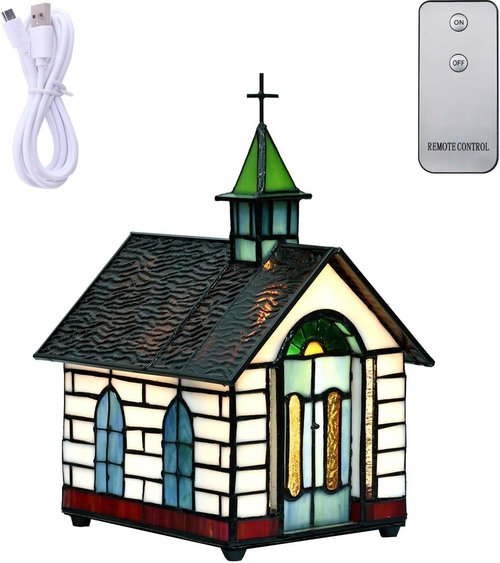 Bieye L10675 Tiffany Style Stained Glass Accent Table Lamp - LED Light, 8" L x 6.5" W x 12.5" H, White