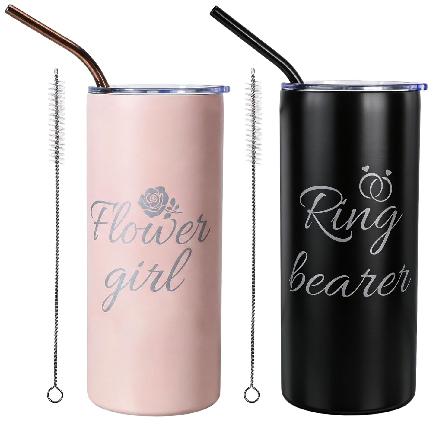 UzYlquw 2 Pcs Flower Girl Gift and Ring Bearer Tumbler Set, 16 oz Stainless Steel Insulated Water Bottle with Lids and Straws, Wedding Proposal Gifts for Bridal Party Favors
