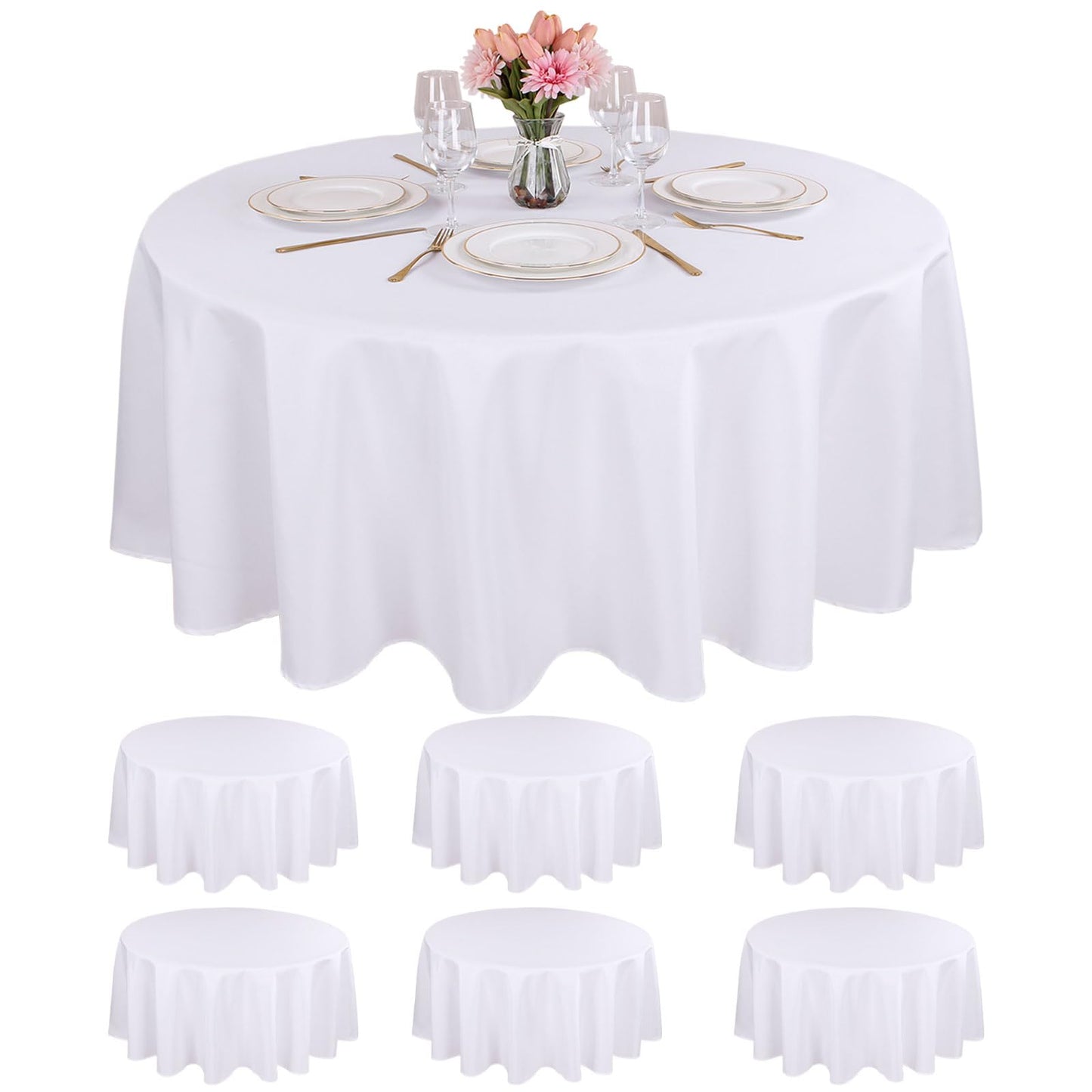 Kesfey 6 Packs Round Tablecloth 70 Inches White Polyester Table Cloths Stain and Wrinkle Resistant Tablecloths for Round Tables Washable Circle Fabric Tablecovers for Wedding Camping Banquet Parties