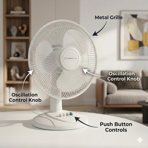 Comfort Zone 12-Inch Table Fan - Adjustable Tilt & Quiet Air Circulator | 3-Speed Desktop Fan in White