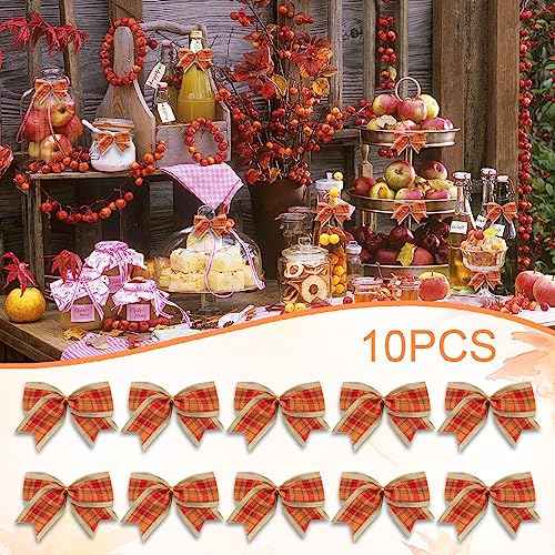 10 PCS Fall Bows for Wreath, Thanksgiving Wreath Bows Orange Red Buffalo Plaid Bow Natural Burlap Craft Bow Holiday Farmhouse Tree Bows for Basket Autumn Thanksgiving Decorations Supplies
