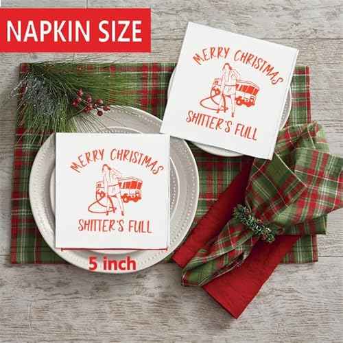 Merry Christ mas Full Napkins, Christmas Holiday Napkins, National Christmas Vacation Decorations, Xmas Vacation Holiday Decorations(5 x 5 In, Red Foil, 50-Pack)