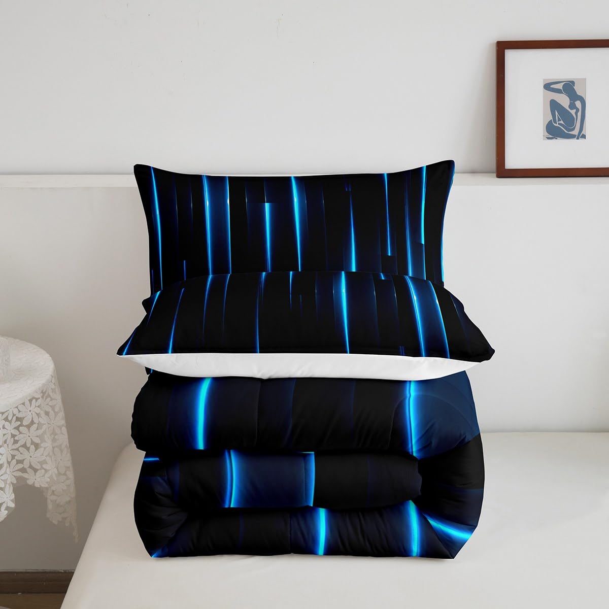 Feelyou Kids Blue Black Striped Comforter Set Twin Size Geometric Abstract Ombre Bedding Set for Boys Girls Teens Bedroom Modern Decor Comforter Women Men Quilt Set