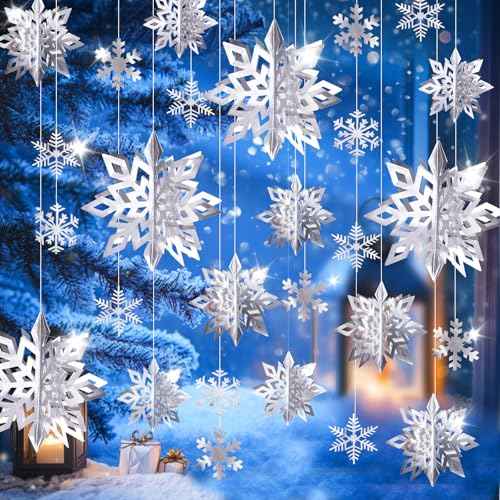 30pcs Paper Snowflakes Ornaments, 3D Silver Hanging Snowflake, Large Snowflake Garland for Christmas & New Year Party Decorations