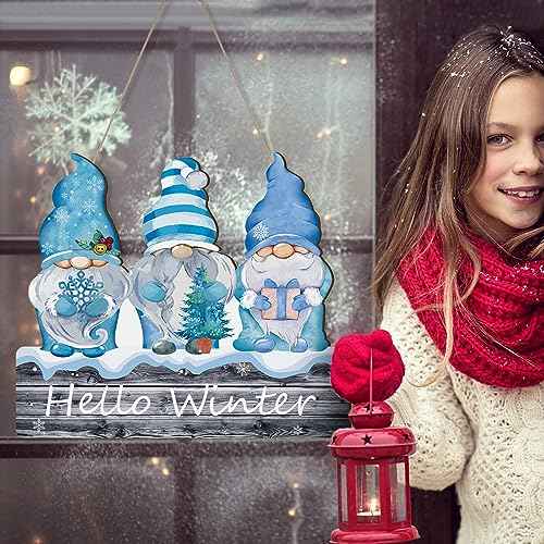 Auidy_6TXD Hello Winter Welcome Door Sign, Gnomes Winter Christmas Door Hanging Signs Farmhouse Home Sign for Home Porch Front Door Indoor Outdoor