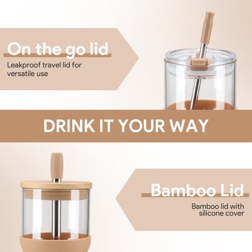 Glass Tumbler with Lids and Straws, 20 oz Iced Coffee Cup and Smoothie Cup with Bamboo Lid and On the go Lid,Glass Cups With Straws
