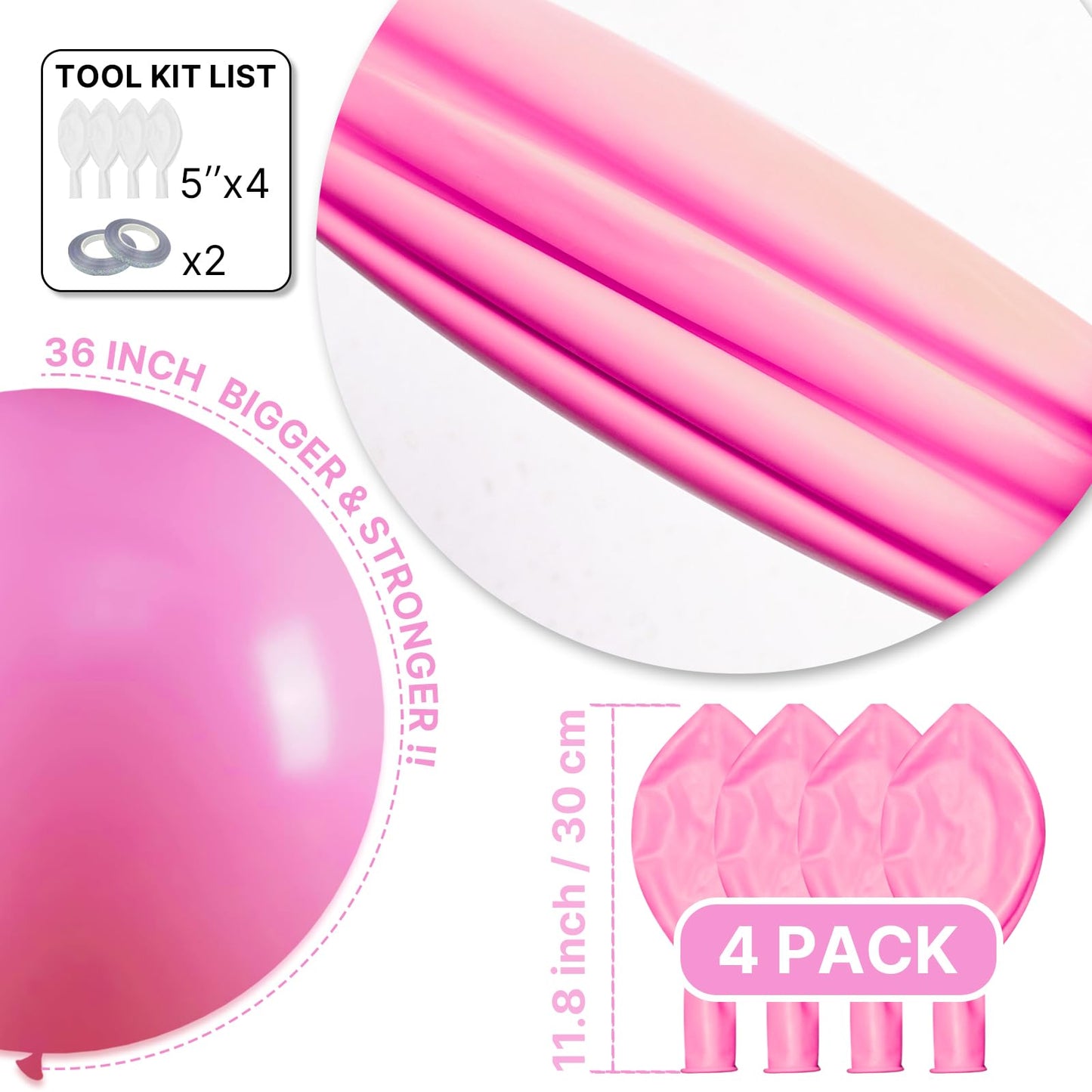 PartyWoo Pink Balloons 4 pcs 36 Inch Extra Large Big Jumbo Giant Matte Pink Balloons for Valentine's Day Baby Shower Gender Reveal Princess Bachelorette Engagement Birthday Party Decorations Pink-Y11