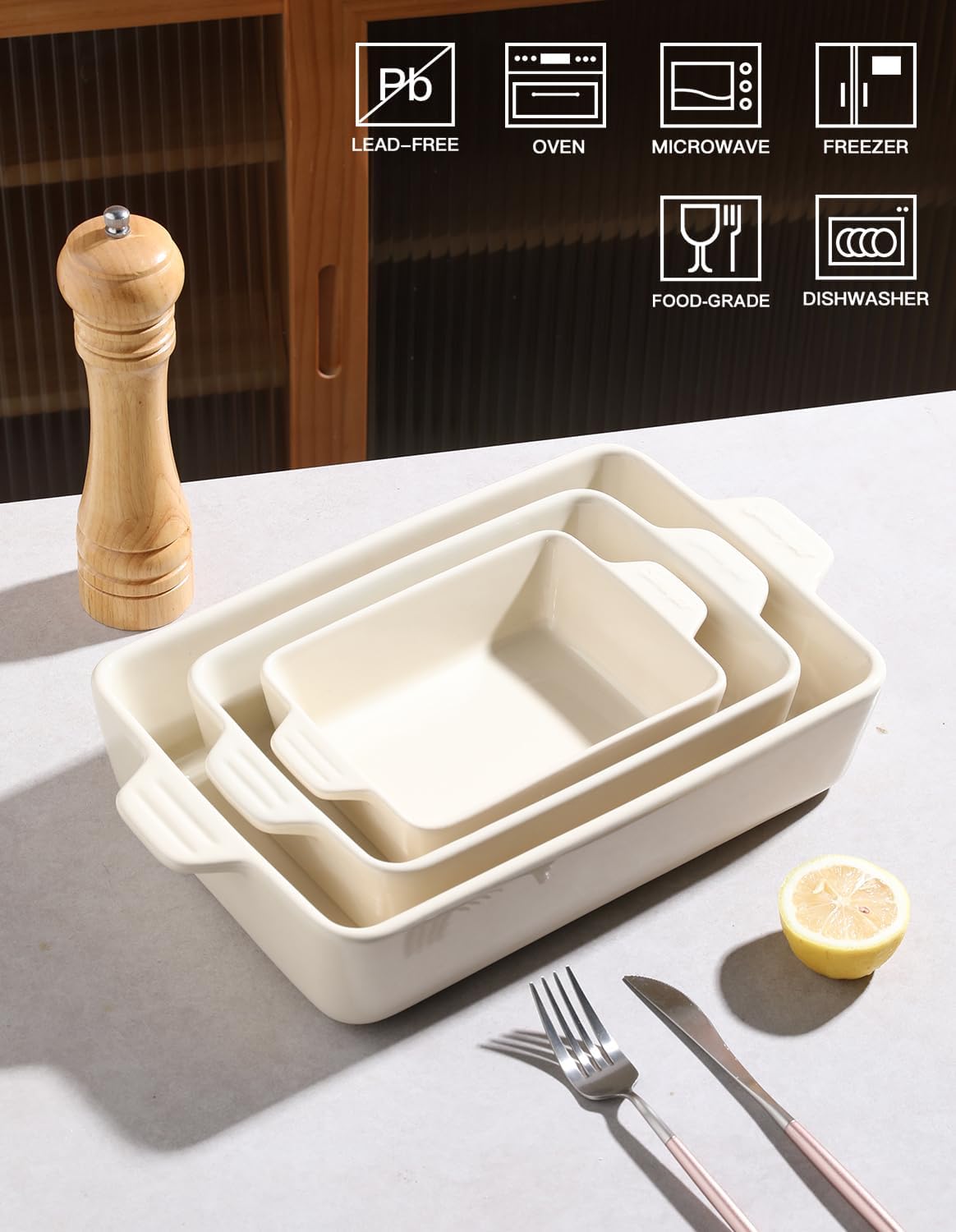 Sweejar Ceramic Bakeware Set - Rectangular Baking Dish for Lasagna & Casseroles | 11.8 x 7.8 x 2.76 Inches (Beige)