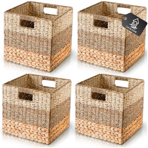Natural Wicker Storage Cubes Set of 4 - 11x11 Inches, Foldable Organizers with Handles