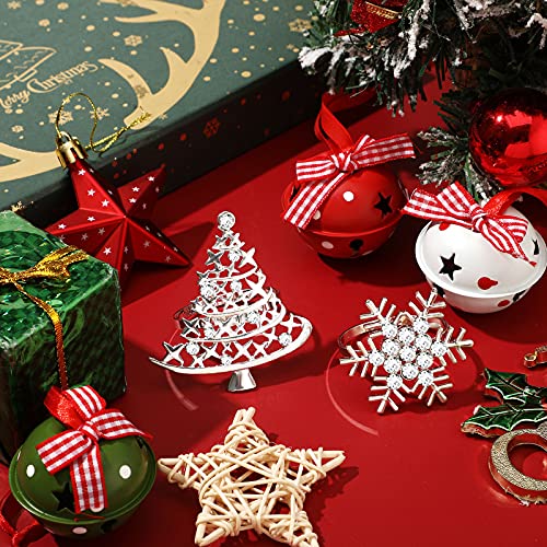 Patelai 12 Pcs Silver Napkin Rings Set – Snowflake & Christmas Tree Metal with Rhinestones