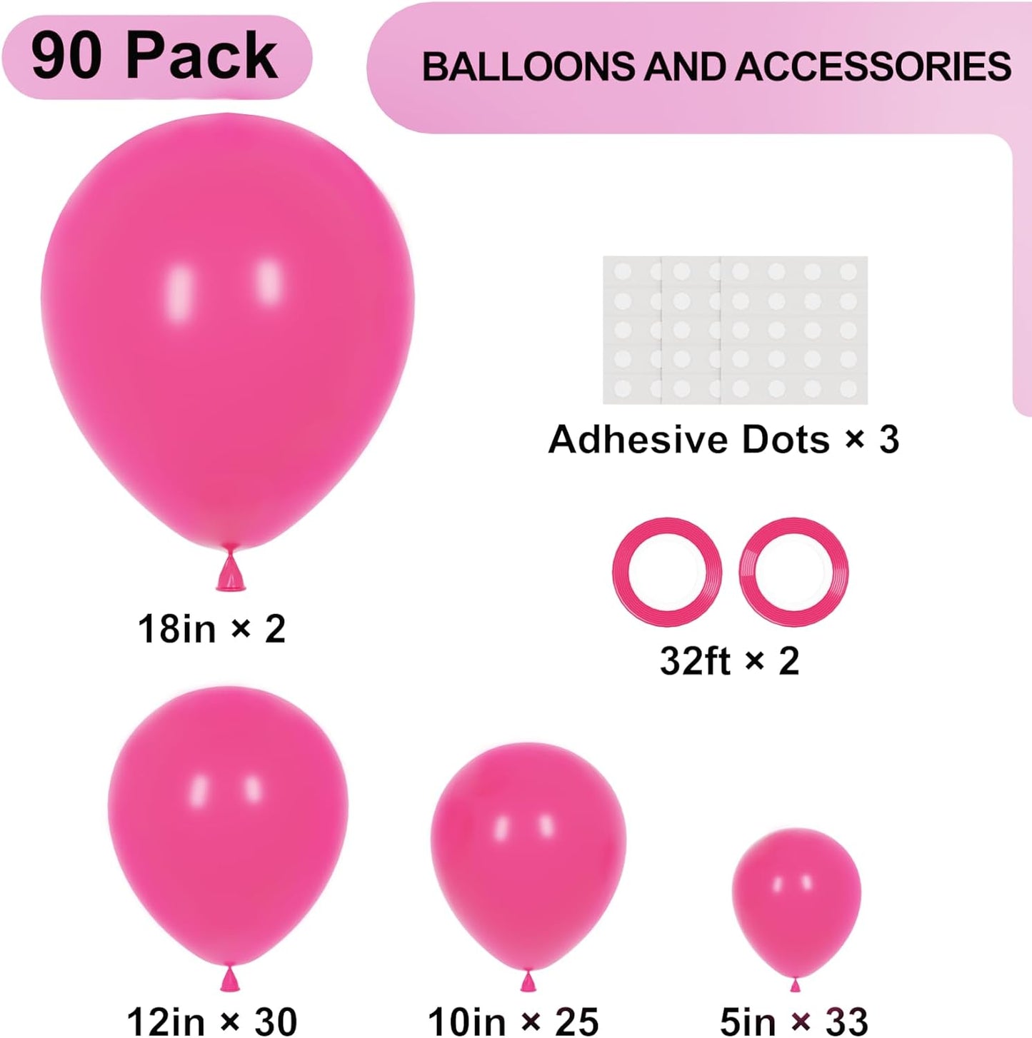 Voircoloria Hot Pink Balloon Garland Kit - 90 Pack in Various Sizes for Graduation, Weddings & Parties