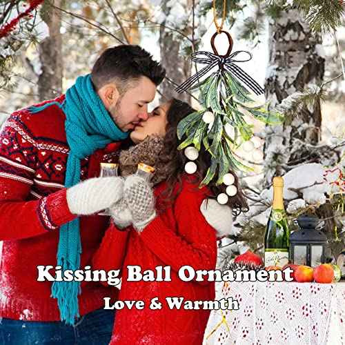 Mistletoe Decor, Artificial Hanging Christmas Mistletoe Picks Plaid Bow White Berries, Kissing Ball Ornaments for Christmas Doorway Kitchen Tree Decorations