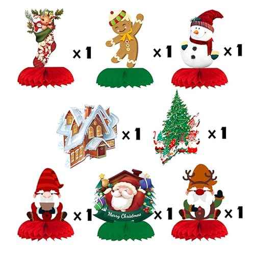 8 Pcs Christmas Honeycomb Centerpieces,Christmas Party Centerpieces, Christmas Table Decorations with Santa Claus,Christmas Tree,Snowman,Gingerbread,Stocking for Holiday Christmas Party Supplies