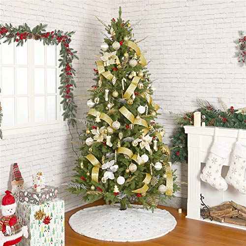 Christmas Sequin Tree Skirt 30in,White Soft Thick with Silver Snowflakes Decorations for 3FT 4FT 5FT Xmas Tree