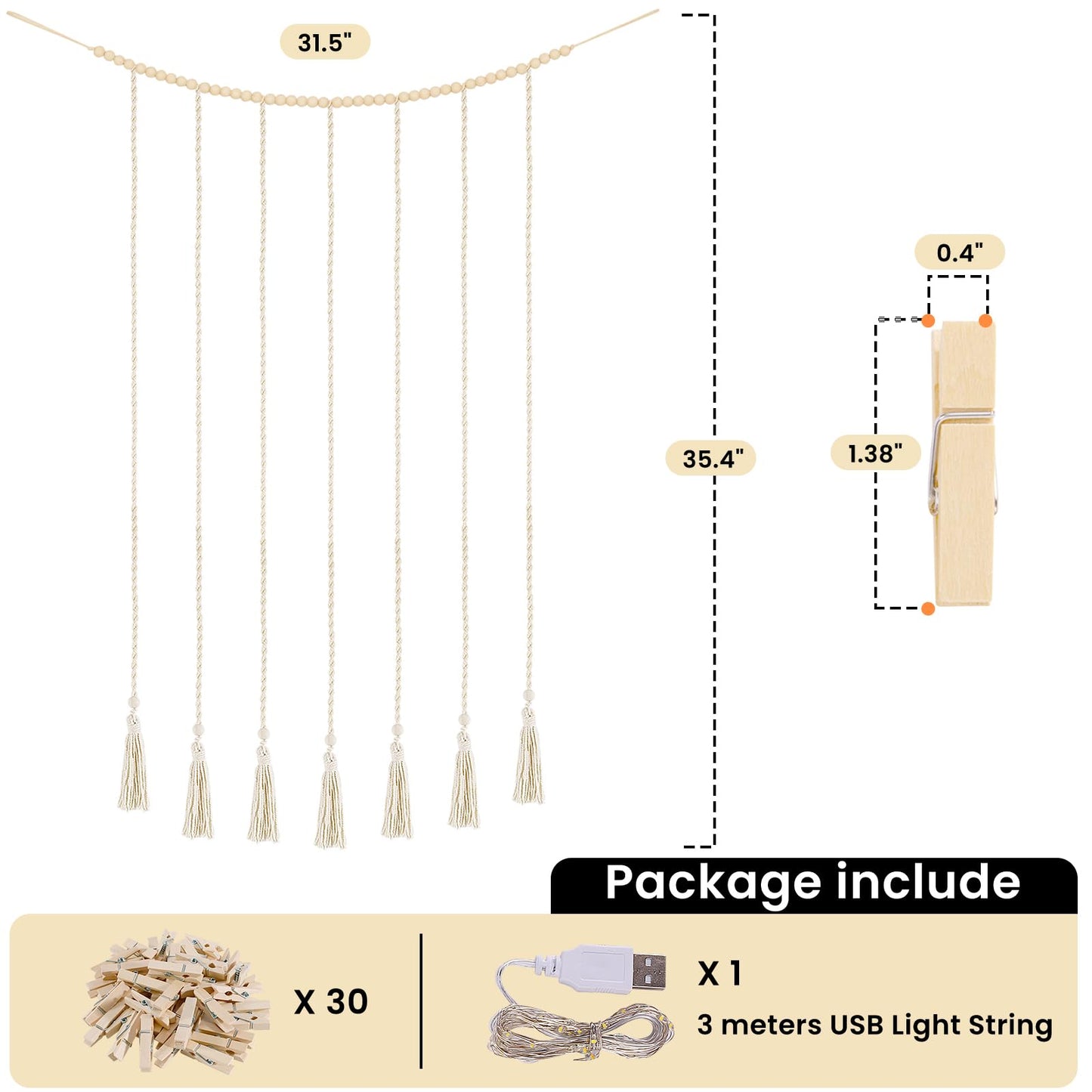 Poefditev Macrame Hanging Photo Display Boho Wall Decor with String Lights Wooden Beads Garland Picture Frame Collage Holder with 30 Clips for Room, Bedroom, Dorm, Christmas Teenage Teen Girl Gifts (Beige, Medium)