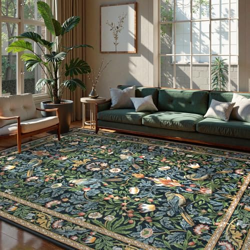 Vintage Botanical Bird Washable Area Rug 8x10 Dark Green & Navy Blue - Non Slip, Stain Resistant, Large Living Room Carpet