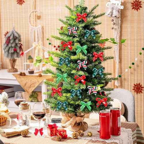 JOICEE 150 Pcs Christmas Mini Bows for Crafts, Tiny Twist Tie Bows Handmade Craft Ribbon Gift Bow with Box Stickers for DIY Sewing Gift Decorations Christmas Tree Wreath Door Garland Party Decor