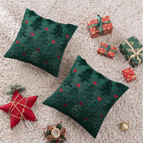 Pyonic Christmas Pillow Covers 18x18 Inch Set of 2 Red Christmas Tree Embroidered Faux Fur Holiday Decor