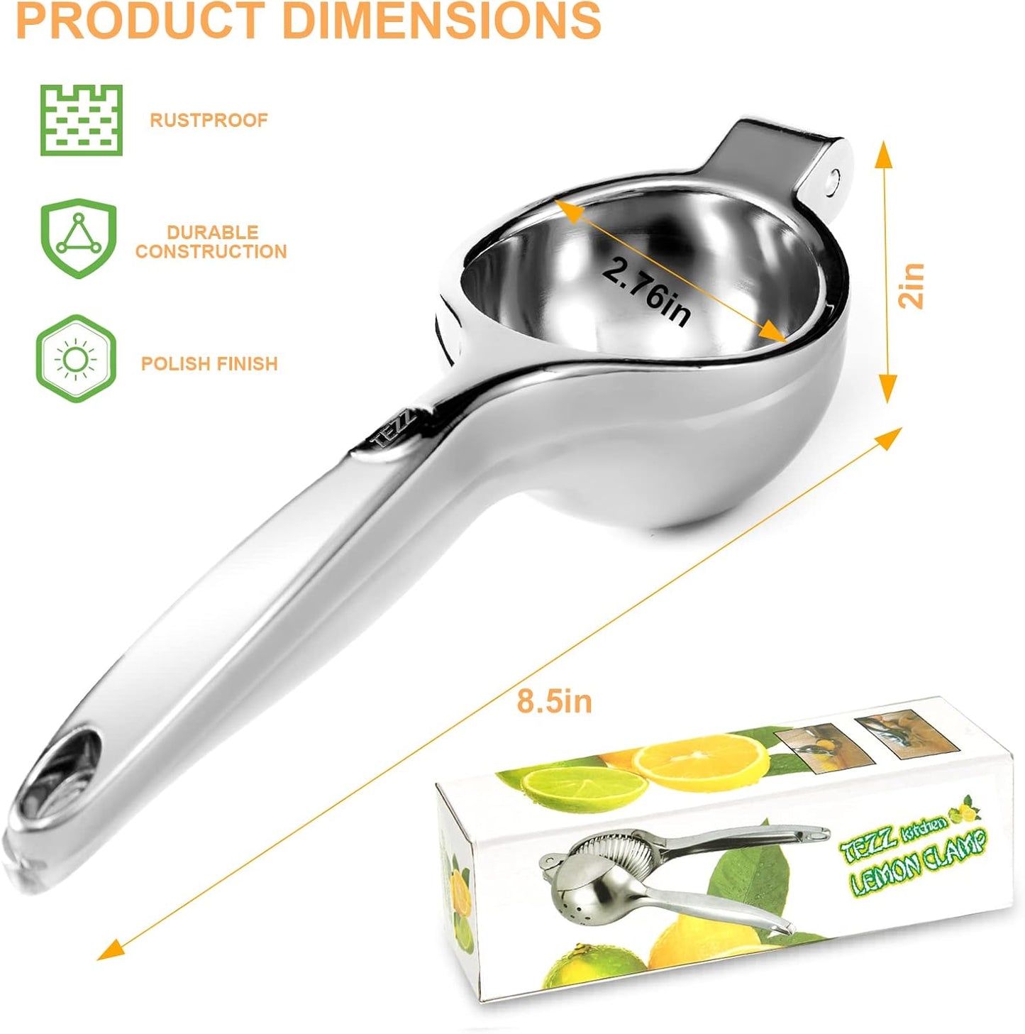 TEZZ Premium Lemon Squeezer - Heavy Duty Metal Hand Press Juicer for Citrus | Large Size