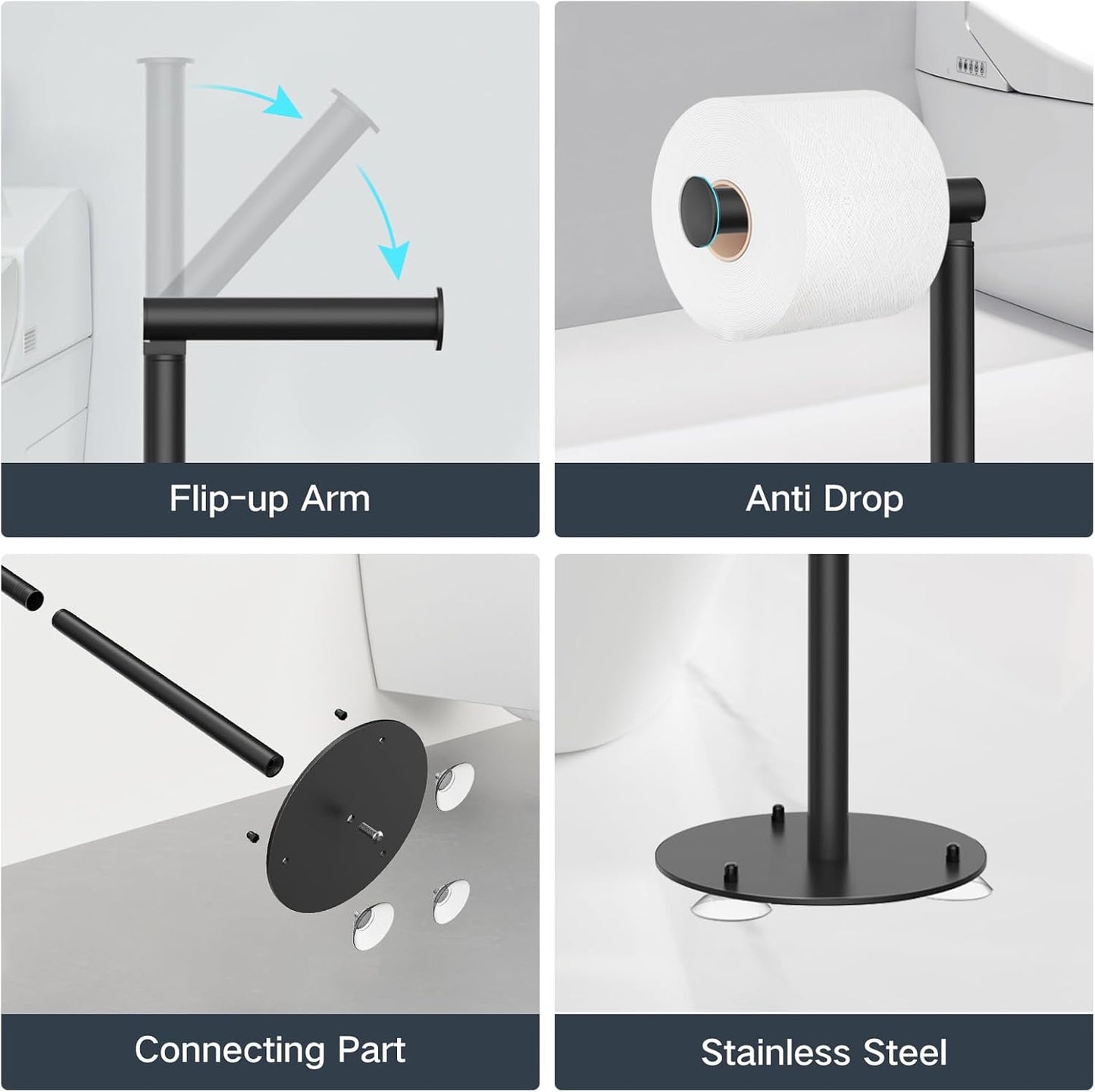 SetSail Toilet Paper Holder - Free Standing Design with Suction Cups | Stainless Steel, Black Finish