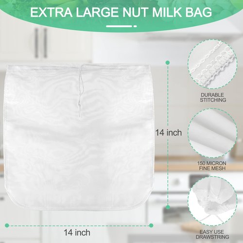 Bellamei 3 pack 14"x14" Nut Milk Bag Extra Large Reusable Food Strainers Nut Bags For Straining Almond/Soy Milk Greek Yogurt Professional for Cold Brew Coffee Tea Beer Celery Juice Fine Nylon Mesh