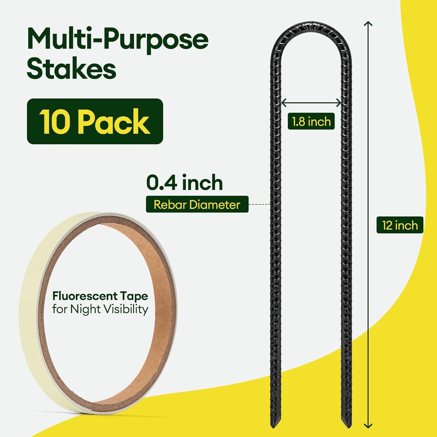 Maygrove 12 Inch Heavy-Duty Rebar Stakes - Galvanized Steel U-Shaped Tent Anchors | 10 Pack, Anti-Rust Black