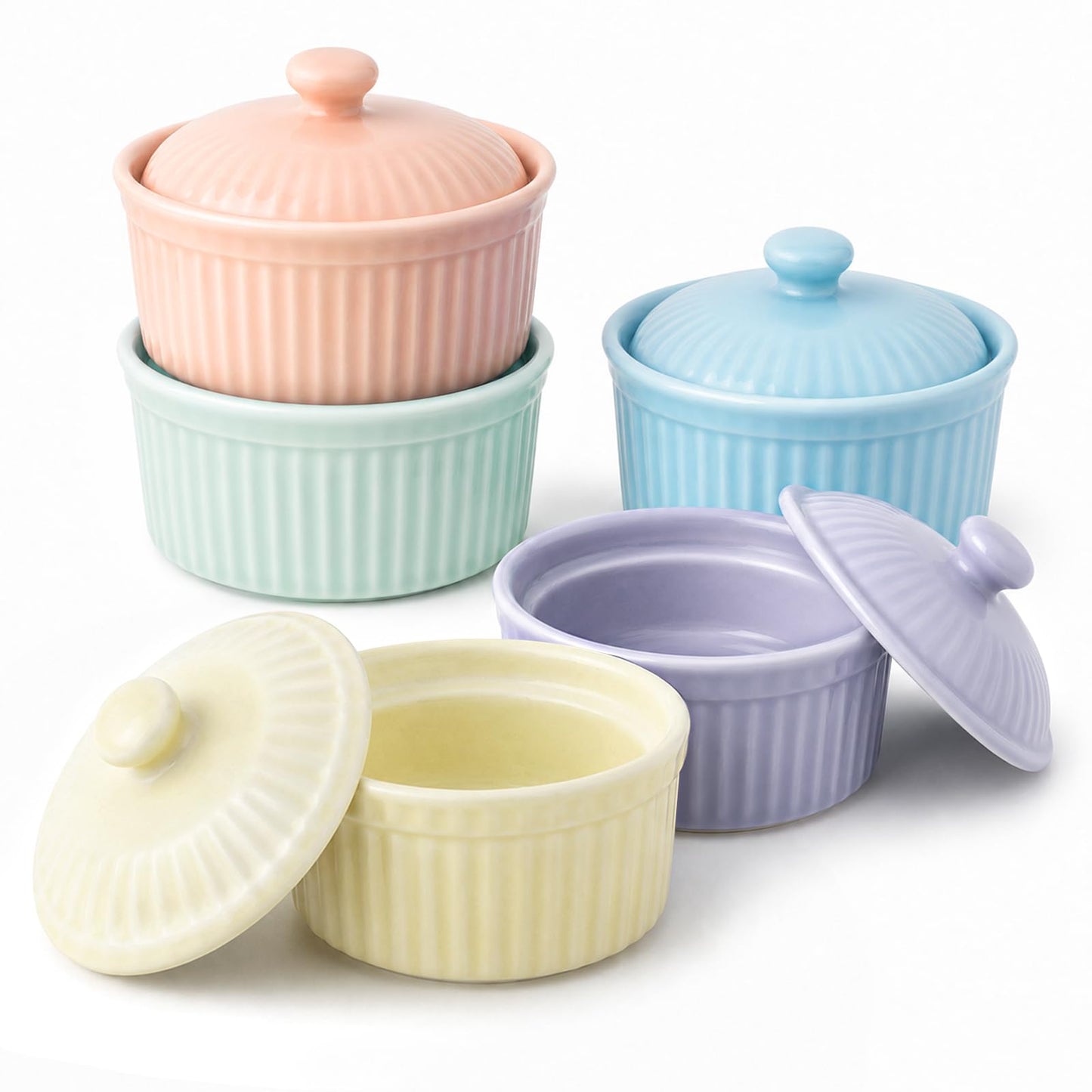 Meltset 5.5 Oz Ramekins with Lids Oven Safe Ceramics Ramekin Bowls for Baking, Porcelain Bake Dishes for Souffle, Creme Brulee, Lava Cake, Ice Cream Desserts, Snacks (Set of 5）