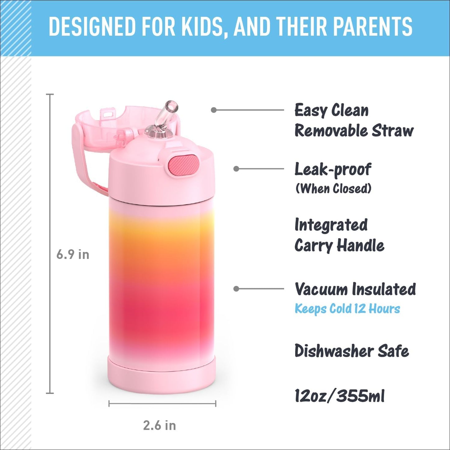 THERMOS FUNTAINER Water Bottle - 12 Ounce Kids Stainless Steel Vacuum Insulated - Pink Ombre