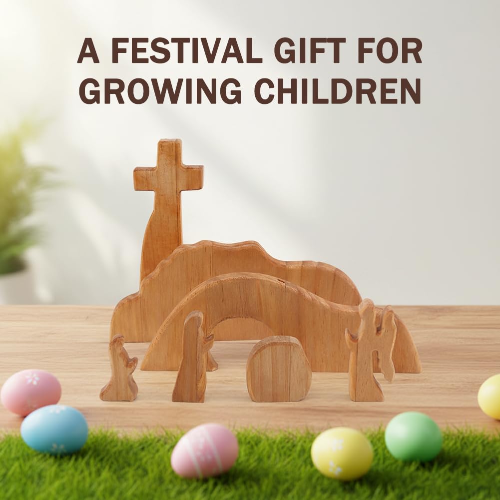 YOSINXU Empty Tomb Easter Scene and Christian Cross Decoration, Wooden Easter Resurrection Scene Cross Jesus Tomb Tray Set, Easter Decor for Religious Home Office Tabletop Christian Gifts