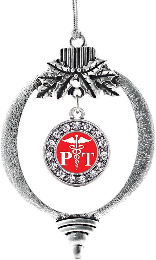 Silver Christmas Ornament - Physical Therapist Circle Charm with Cubic Zirconia - Holiday Decoration