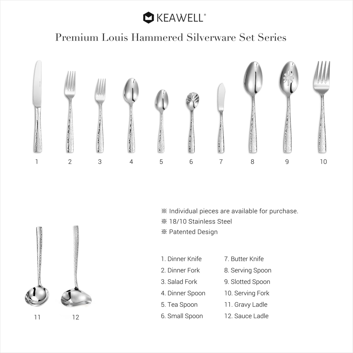 KEAWELL Premium 4-Piece Louis Hammered Spoons Set, 18/10 Stainless Steel, Set of 4, Fine Spoon Set with Squared Edge, Dishwasher Safe (7.6" Dinner Spoon)
