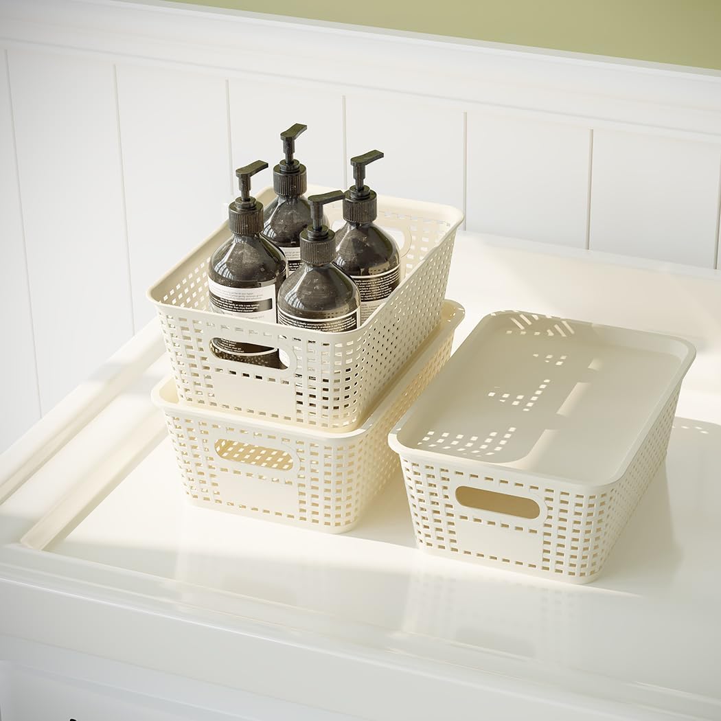 Resze Plastic Storage Baskets - 6 Pack with Lids | Breathable, Stackable Organizer Bins for Home & Office, White