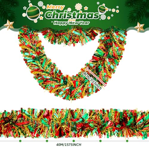 131ft Red Green Christmas Tinsel Garland - 40m Multi Color Classic Decor, Riceshoot