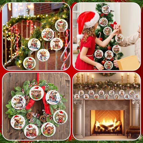 Vesici Highland Cow Ceramic Christmas Ornaments - 12pk with Hanging Ribbons