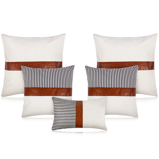 Tradder Farmhouse Decorative Pillow Covers Set of 5 20x20 18x18 12x20 Inch Modern Boho Faux Leather and Linen Stripe Pillowcase for Home Couch Living Room Decor(Cool Style, Cool Style)