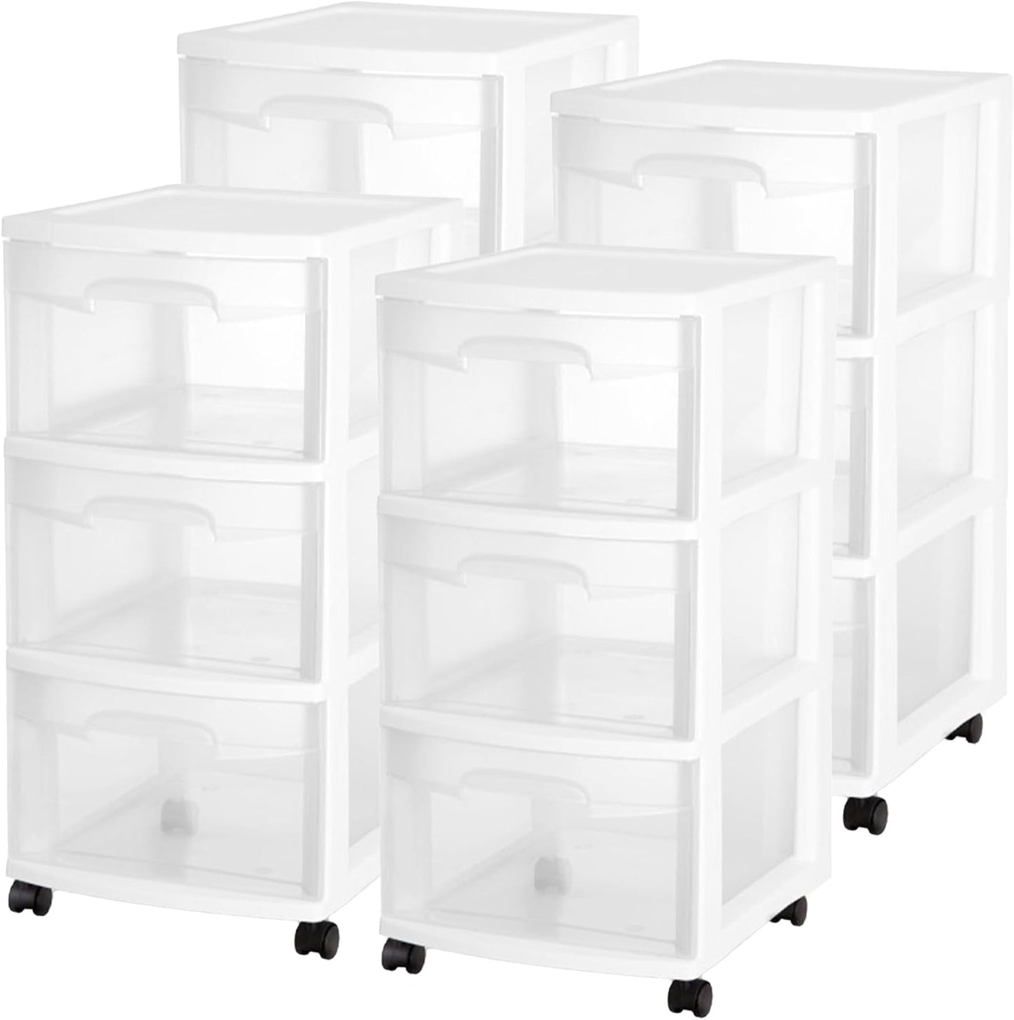 Sterilite 4 Pack Rolling Bin Cart - 3 Drawer Plastic Storage Organizer for Closet - White