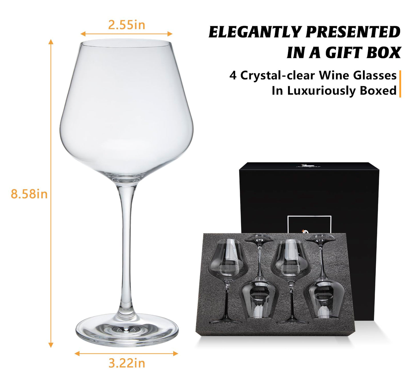 Swanfort Crystal Red Wine Glasses Set of 4 – 16 oz Elegant Long Stem Wine Glasses in Gift Box, Premium Glassware for Wedding, Anniversary, Birthday Gifts