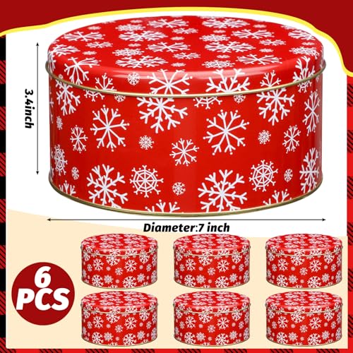 6 Pack Christmas Metal Cookie Tins with Snowflake Lids, 7 Inch Round Storage Containers