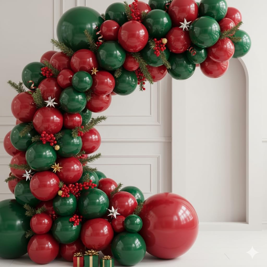 PartyWoo Hunter Green & Red Balloon Arch Kit - 140pcs in 5, 10, 12 & 18 Inch Sizes for Festive Celebrations