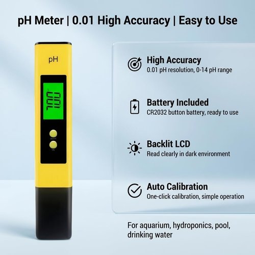 Digital pH Meter for Water,0.01 High Accuracy pH Tester Pen,Portable Water Quality Tester with Backlit Display PH Pen for Hydroponics,Aquarium (Yellow)