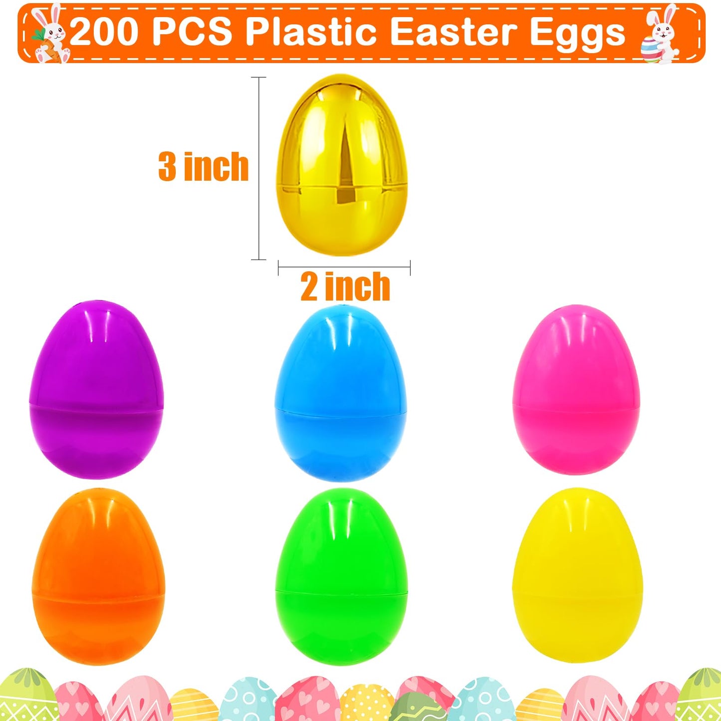 PIONJOY 200 Pack 3" Empty Plastic Easter Eggs Bulk, Include 6 Golden Eggs, Fillable Eggs Easter Basket Stuffers Fillers & Egg Hunt Surprise Gift for Toddler Kids Girls Boys Teens