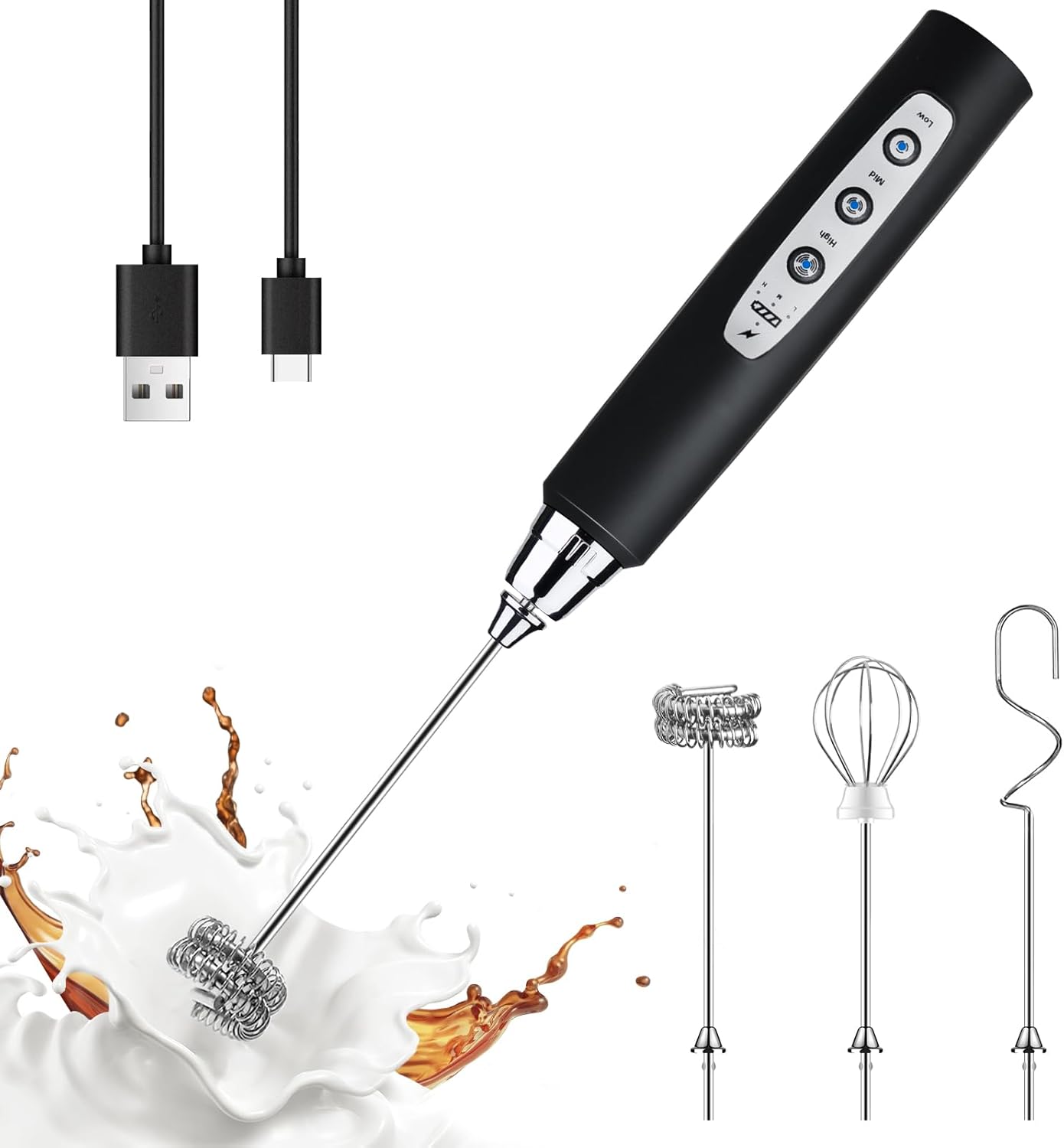 YUSWKO Handheld Milk Frother Wand - Rechargeable Electric Whisk with 3 Heads & 3 Speeds | Perfect for Latte, Cappuccino & Hot Chocolate
